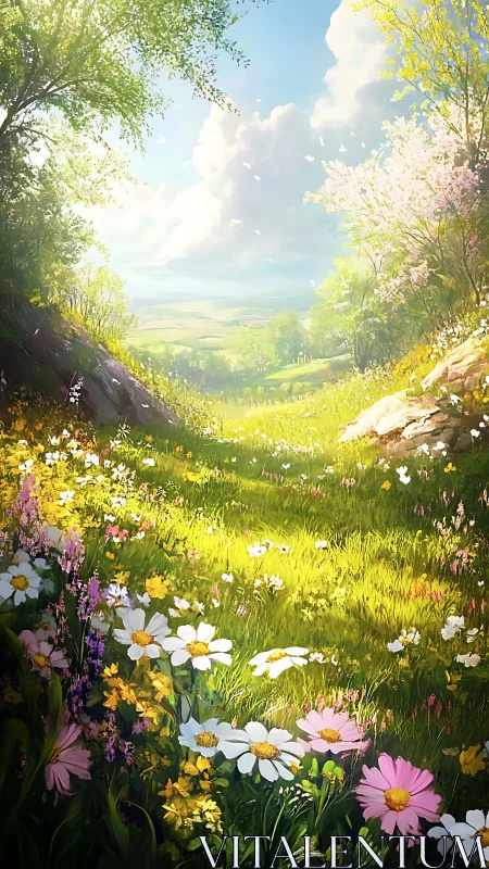 Sunlit wildflower valley beneath drifting spring clouds.