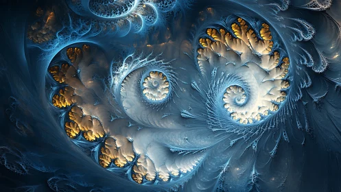 Fractal spiral structures form recursive, luminous patterns