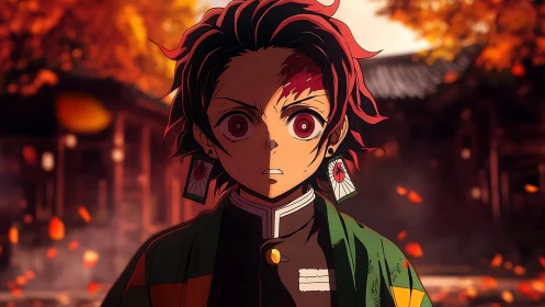 Anime hero stands shocked amid fiery autumn courtyard.