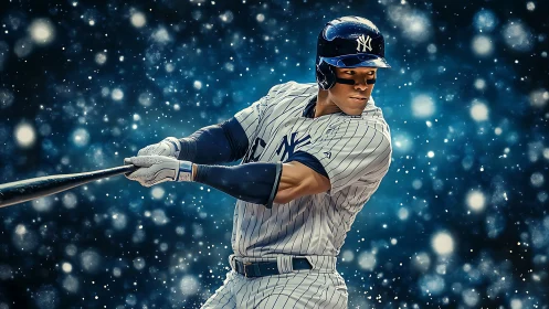 Kinetic digital portrait of batter mid swing in luminous bokeh field.