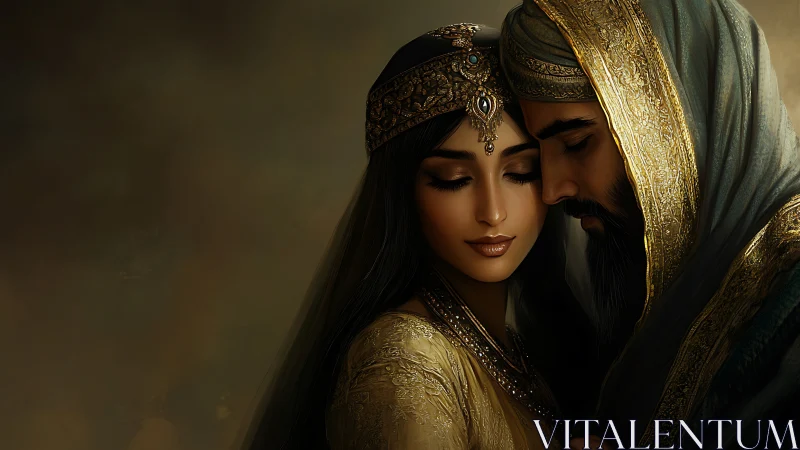 Medieval Couple in Golden Ornamental Garments.