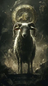 Majestic horned ram steps forward beneath a glowing halo