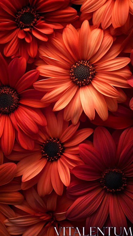 Red and Orange Gerberas Blooming Close Together.