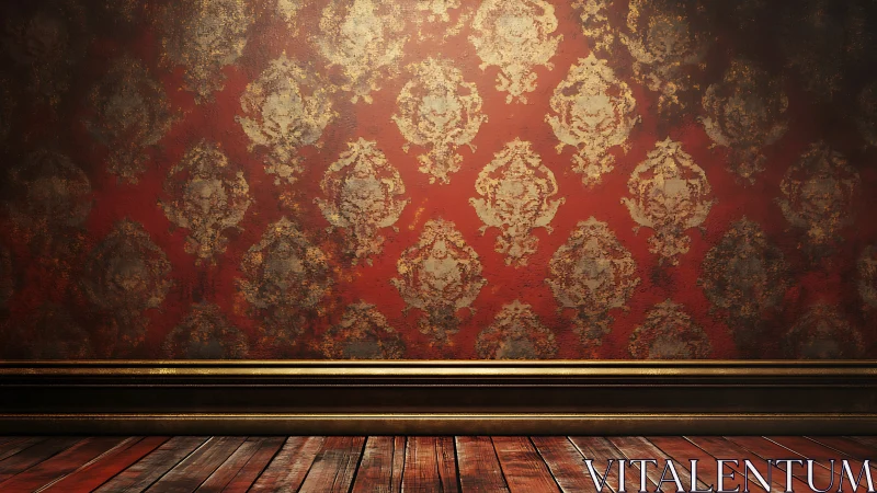 Ornate red wall and wooden floor form an empty interior scene