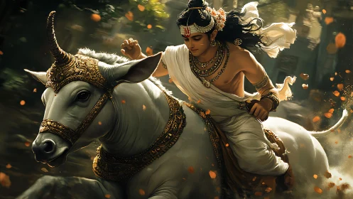 Divine rider guides armored white bull through golden storm.