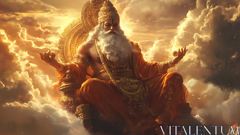 Golden celestial sage resting on a throne of glowing clouds.