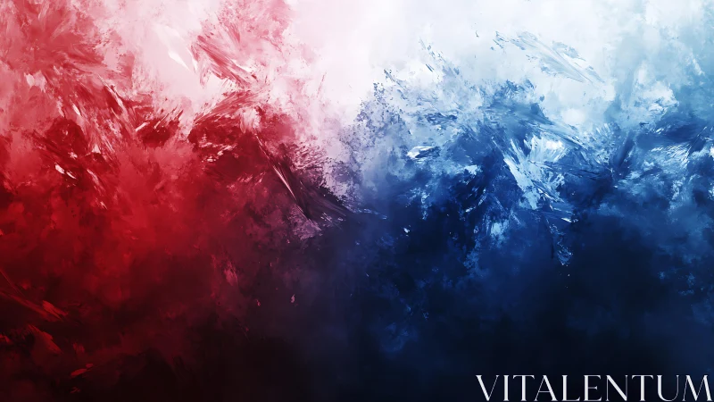 Abstract red, white, and blue textured painting with dynamic brushstrokes.