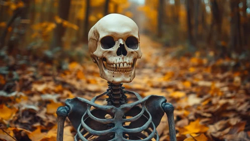 Smiling forest skeleton savors the hush of autumn leaves