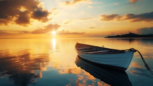 Rowboat on calm sea under warm sunset light.
