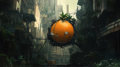 Giant engineered orange hovering in dense urban ruins.