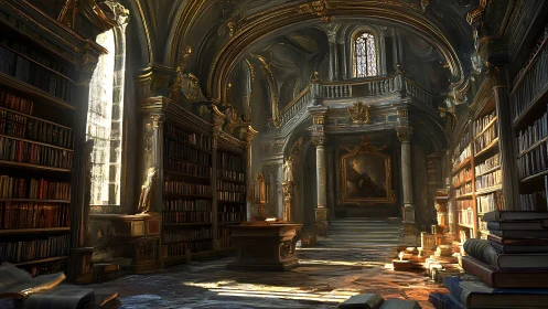 Sunlit cathedral library where dust motes guard legends.