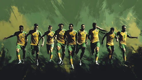 Brazilian football lineup sprints through abstract green storm.
