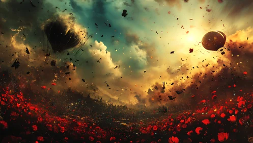 Digital painting of war-torn poppy field with burning sky panorama.