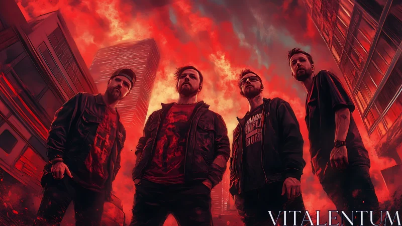 Urban rock band under burning red apocalyptic sky.