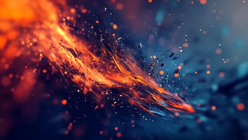 Abstract fiery energy burst with glowing orange and blue tones.