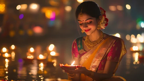 River of diyas and a golden smile cradling quiet light.