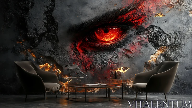 Modern lounge with fiery dragon eye mural wall art decor