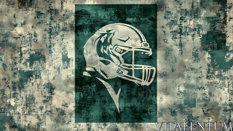 Grunge-rendered gridiron helmet emblem on textured teal field.