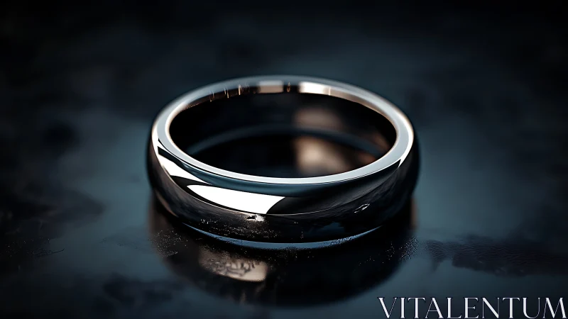 Polished metal band ring on dark reflective surface.