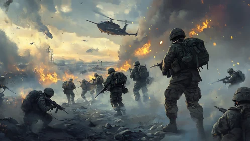 Modern infantry squad advancing through burning battlefield.