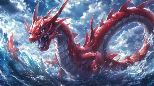 Roaring sea dragon rises in a storm of glittering waves