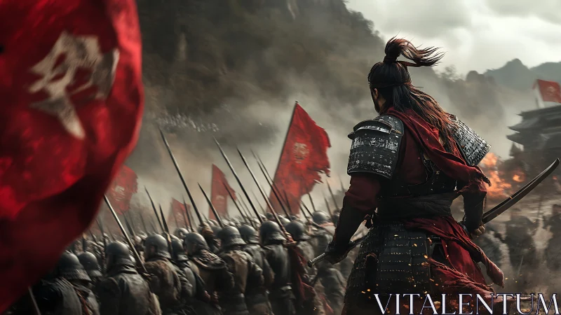 Armored warlord leads medieval army through smoke-filled valley