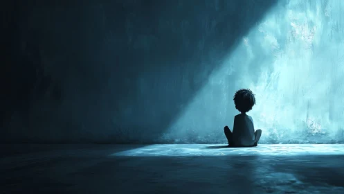 Solitary child seated in blue-lit empty room interior.