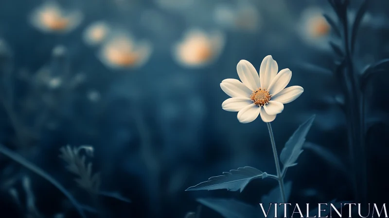 Delicate White Cosmos Flower with Golden Center Against Deep Teal Background