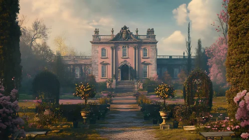 Elegant pastel chateau stands amid lush spring gardens.