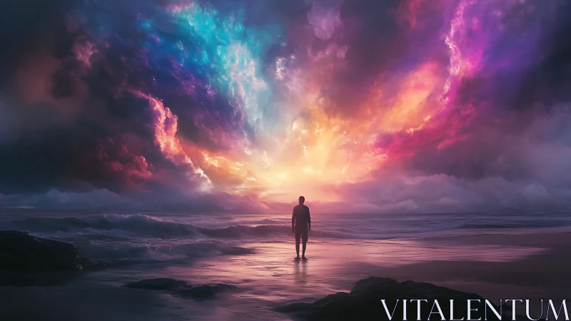 Solitary figure meets iridescent cosmic storm over sea.