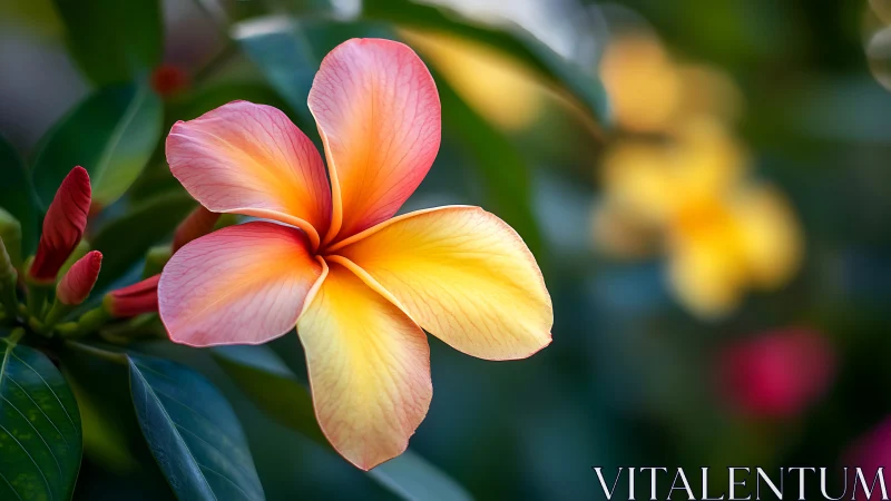 Close-up of yellow pink plumeria flower with foliage background.