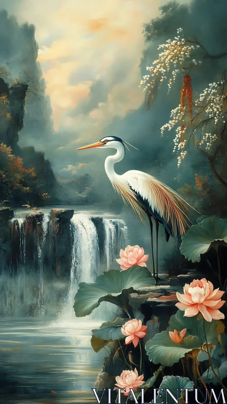 Graceful heron among lotus blooms by misty waterfall.