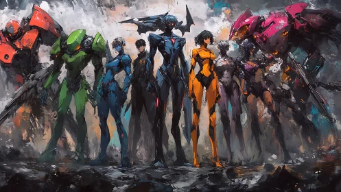 Neon mecha squad emerging through painterly urban smoke.