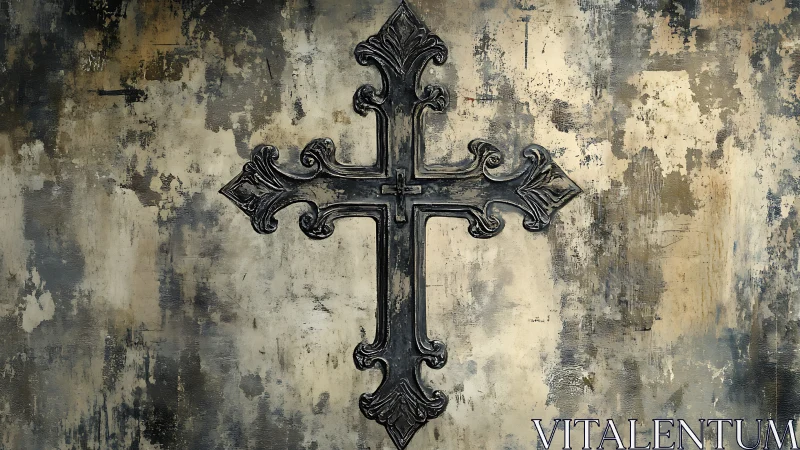 Ornate wrought iron cross on distressed textured wall surface
