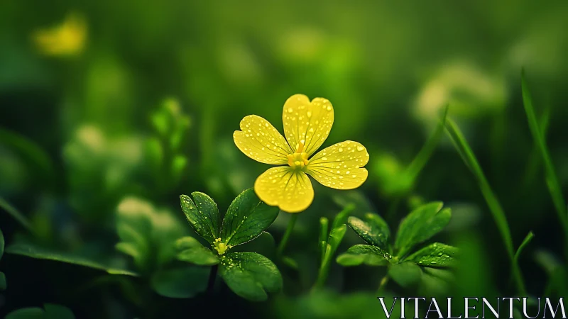 Dewlit yellow blossom glows in a dreamy green meadow hush.