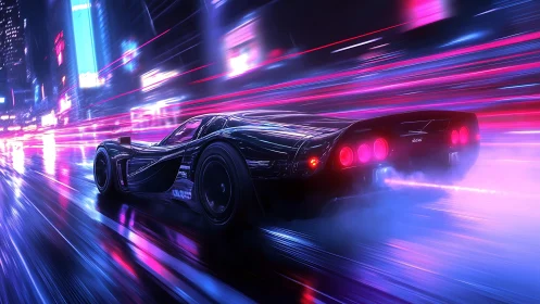 Neon storm supercar streaking through cybernetic midnight streets.