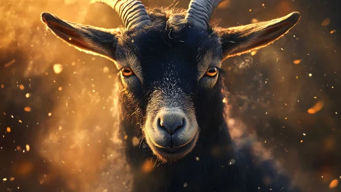 Golden backlit goat portrait with ember-like bokeh glow.