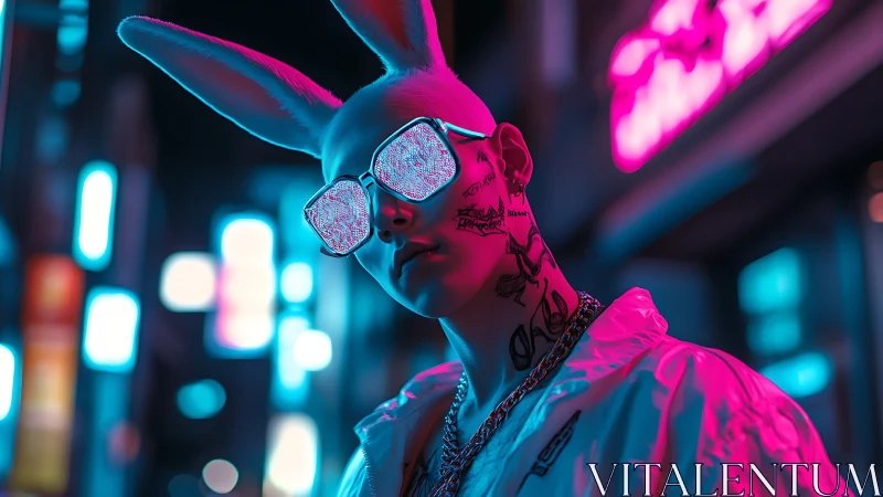 Neon-illuminated cyber bunny avatar in urban alleyway at night.