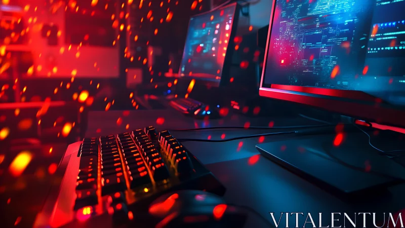 Neon codestorm ignites a futuristic dual-monitor command hub.