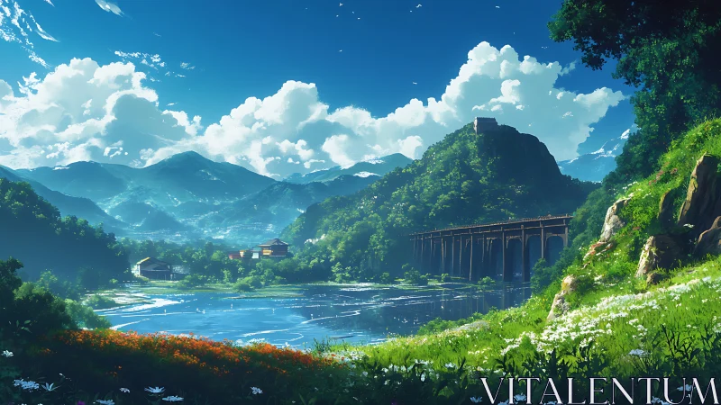 Mountain lake landscape with bridge, houses and dense clouds.