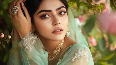 Elegant woman in mint saree with floral garden backdrop.