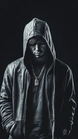 Moody hooded portrait in monochrome rim lighting study.