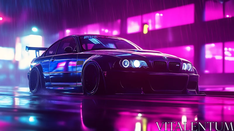 Neon-soaked street racer prowls through electric midnight rain.