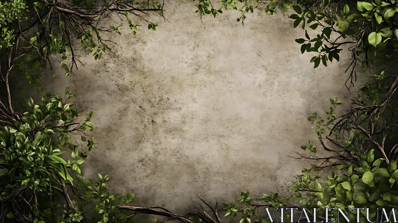 Forest border frame surrounding aged stone backdrop.