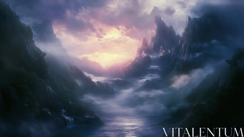 Digital painting of misty fantasy mountains and cascades at dawn.