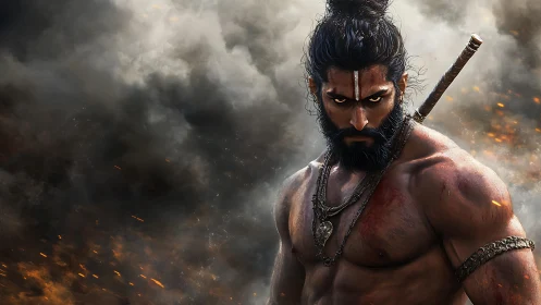 Warrior with sword stands amid burning battlefield smoke