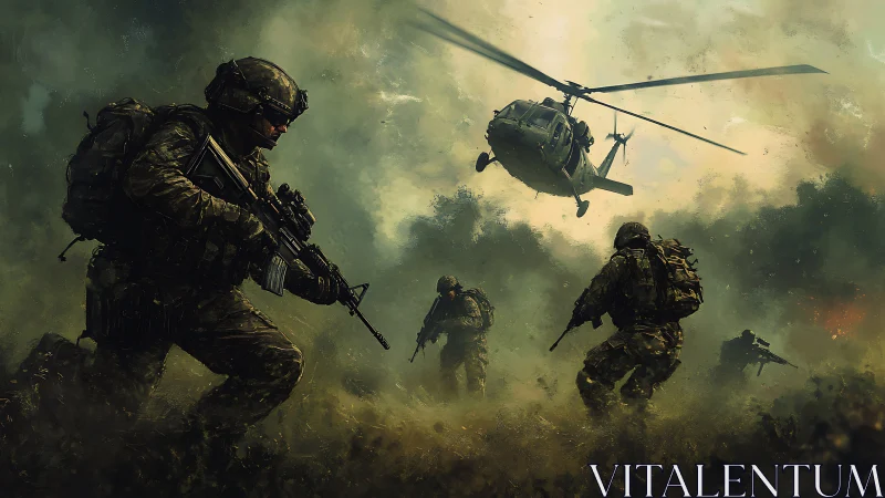 Intense squad advance unfolds beneath a low circling helicopter