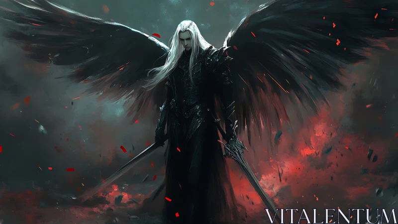 Dark-winged fallen angel poised between embers and shadow.