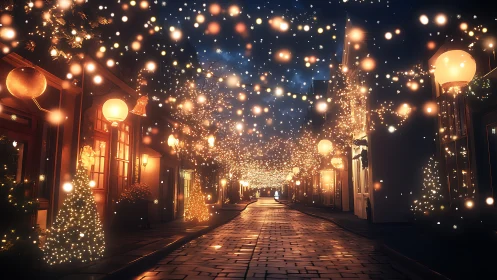 Festive cobblestone street under cascading golden bokeh lights.