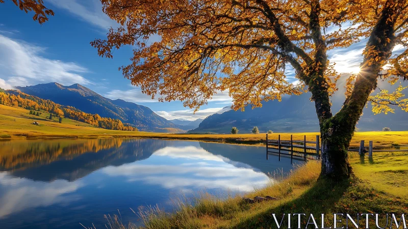 Autumn mountain lake landscape with reflective water surface.